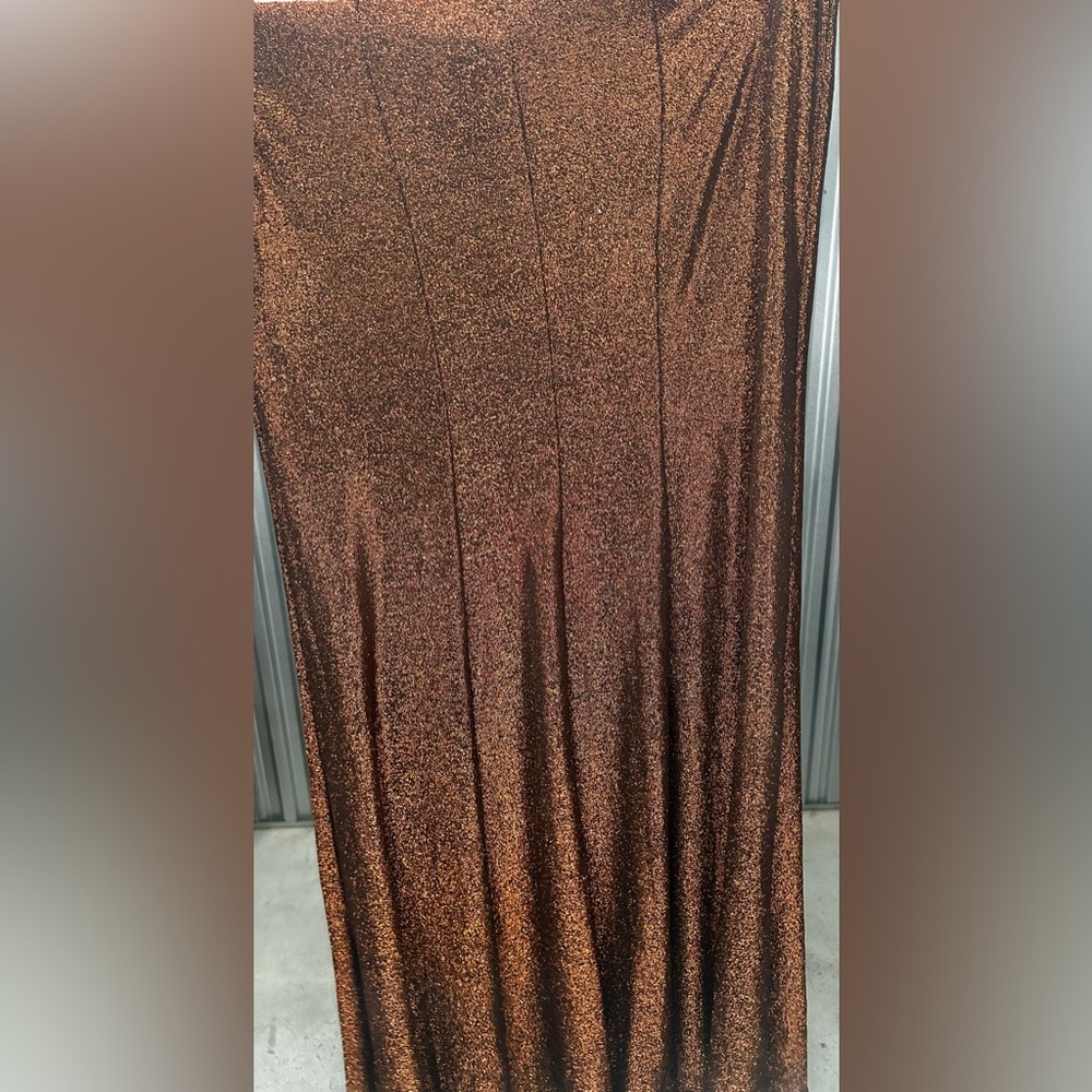 Women’s Jules & Cleo Design Nylon Metallic Spandex Orange Formal Maxi Slit Dress - Picture 6 of 9